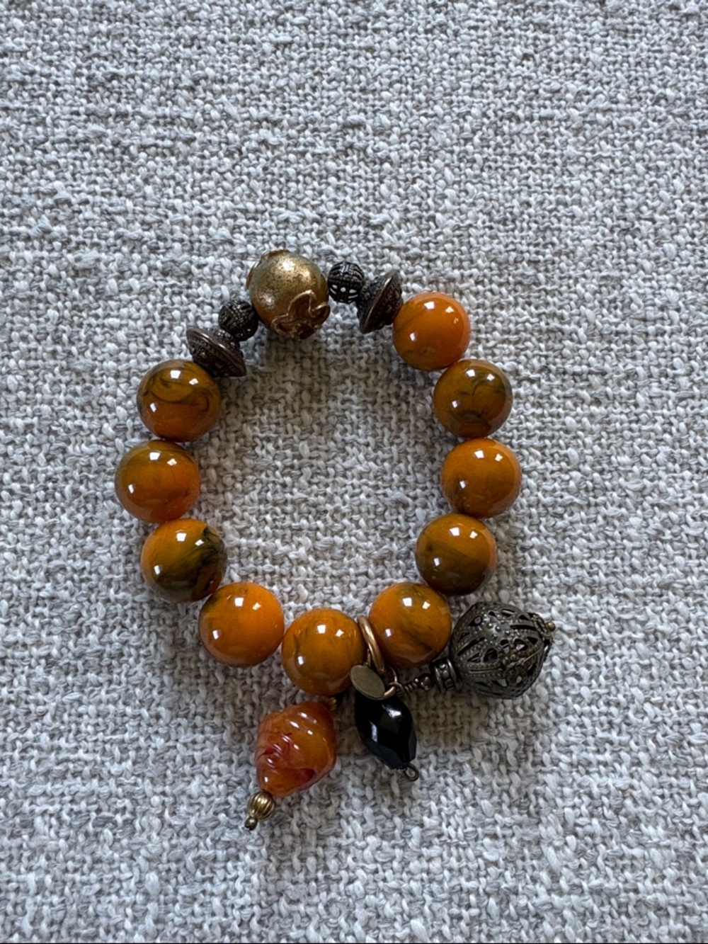 Handmade Amber-Tone Beaded Stretch Bracelet with Charms